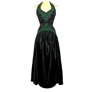 Vintage Mike Benet Formals Green & Black Sequined/Beaded Gown Sz 10